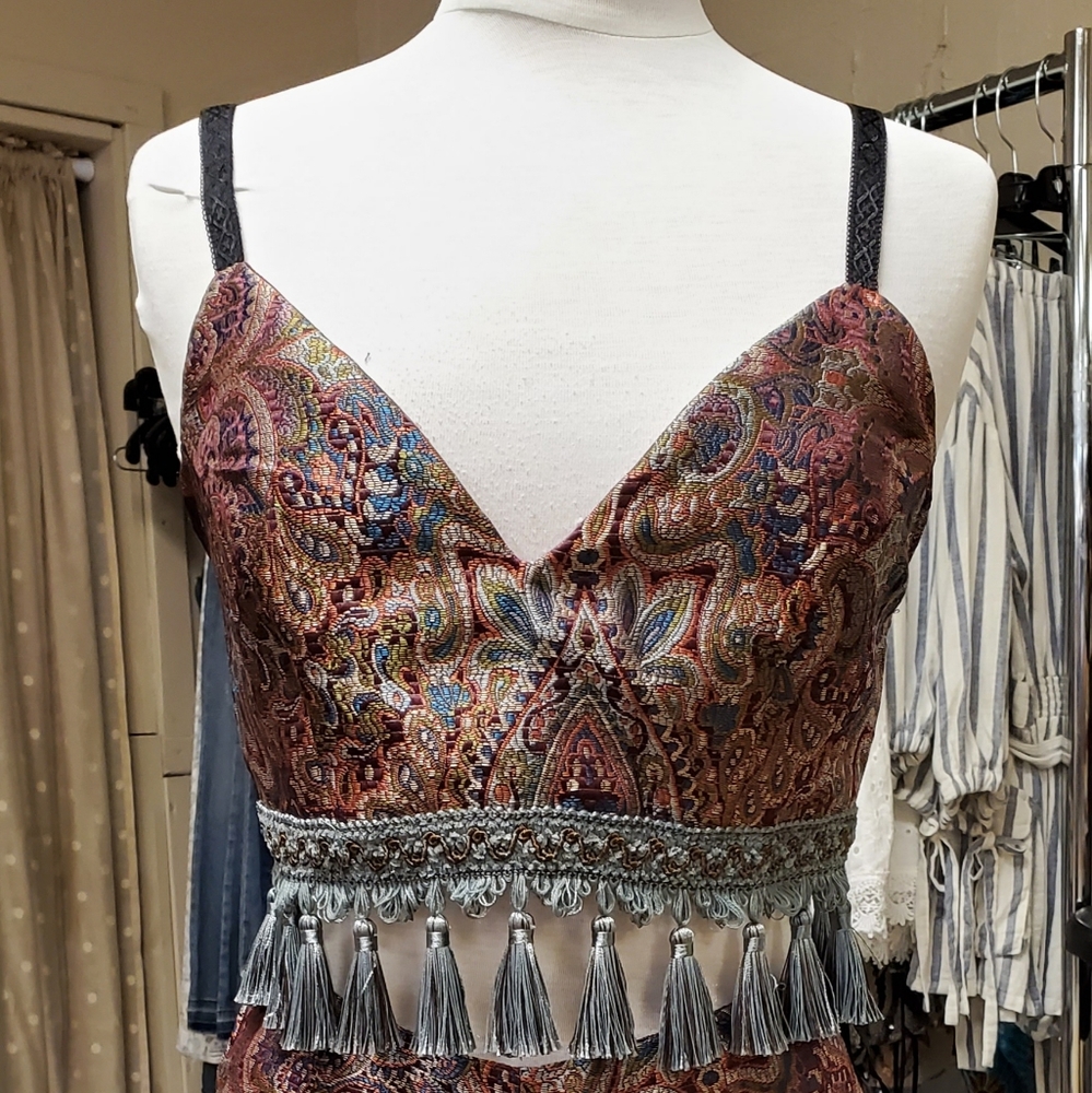 Two piece short set with tassel trim